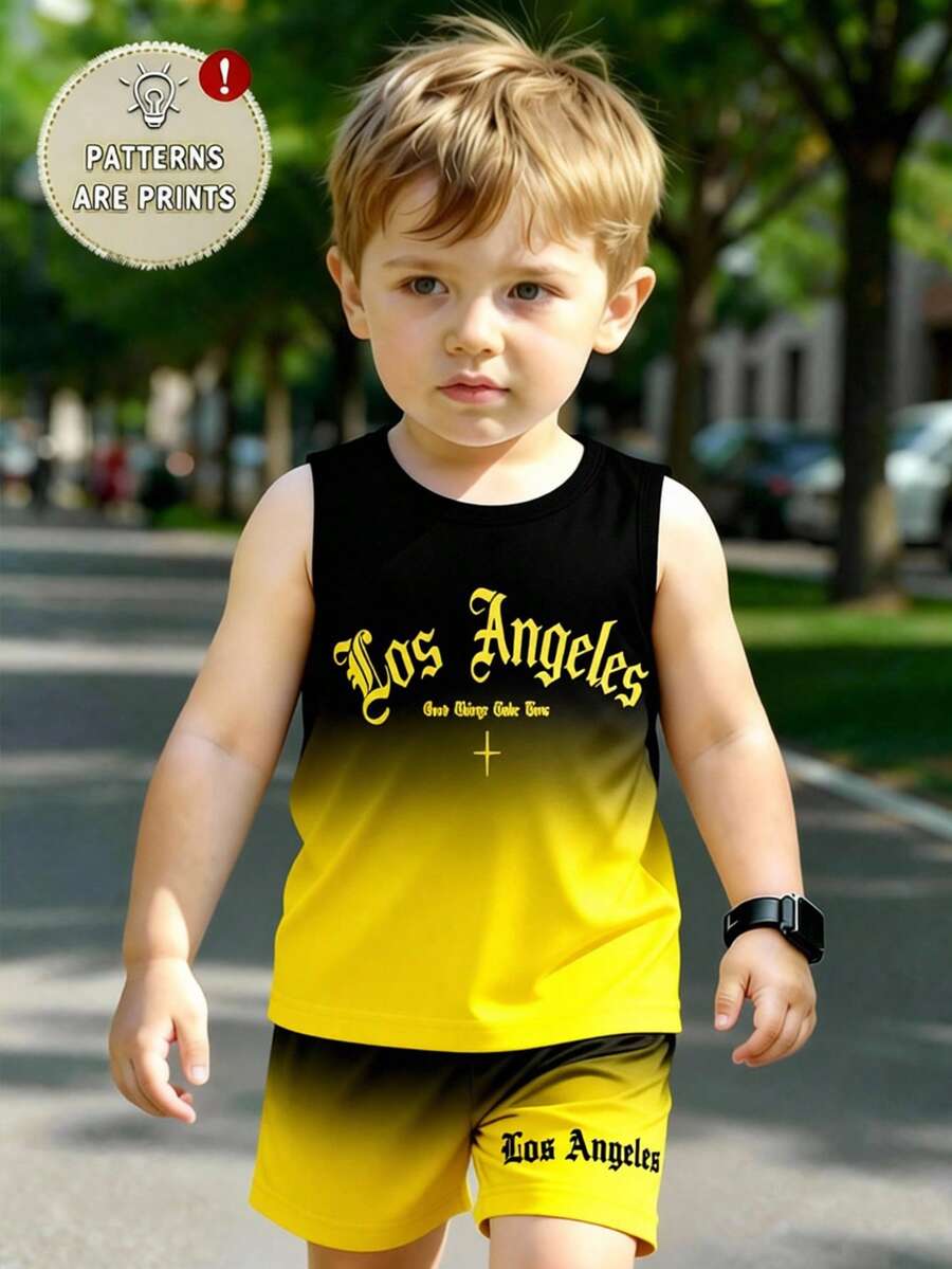Baby Boy Gradient Logo Print Tank Top and Shorts 2 Piece Casual Summer Outfit Set