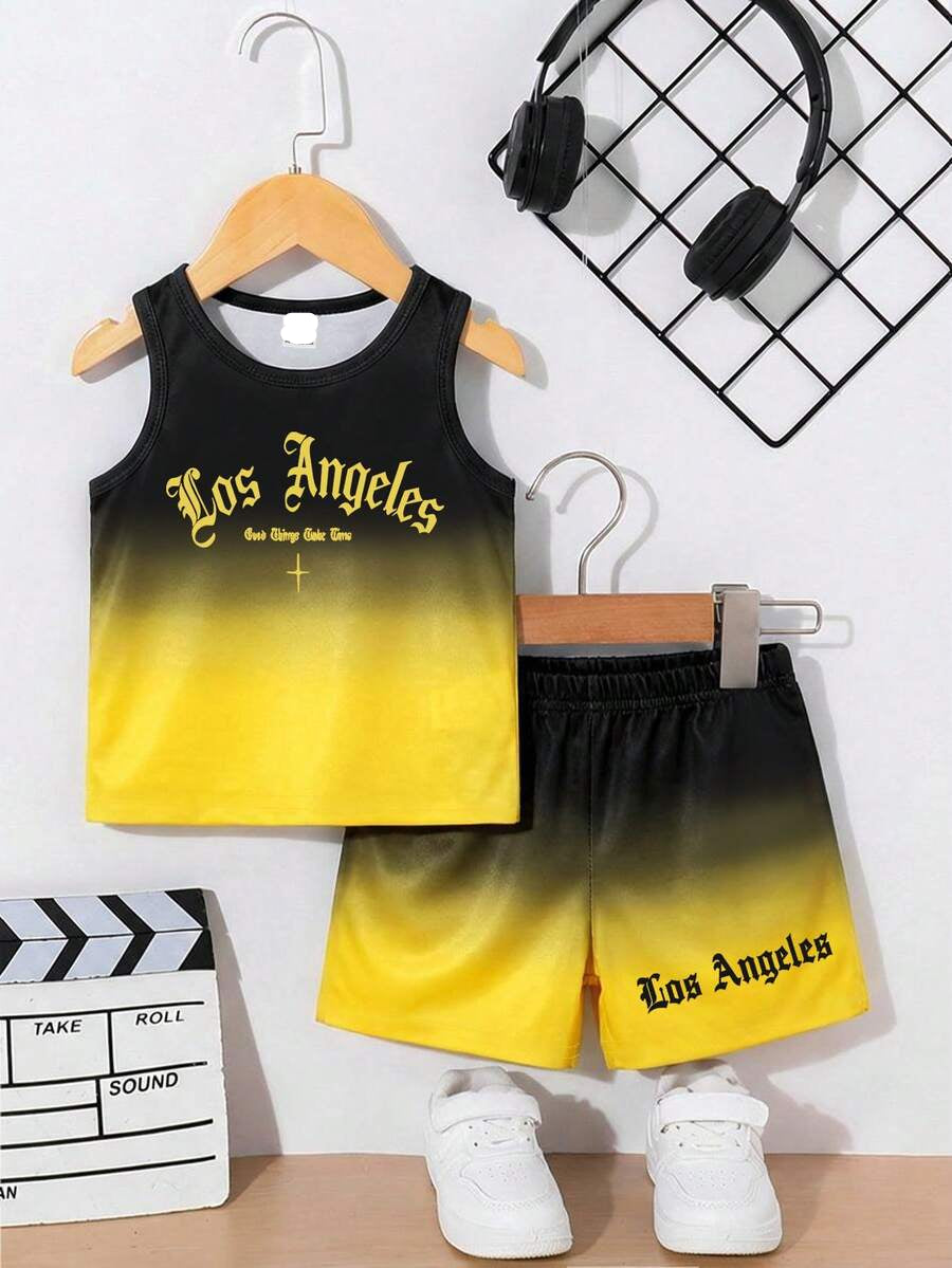 Baby Boy Gradient Logo Print Tank Top and Shorts 2 Piece Casual Summer Outfit Set
