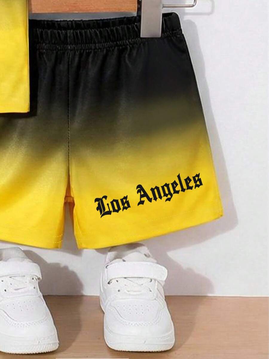 Baby Boy Gradient Logo Print Tank Top and Shorts 2 Piece Casual Summer Outfit Set