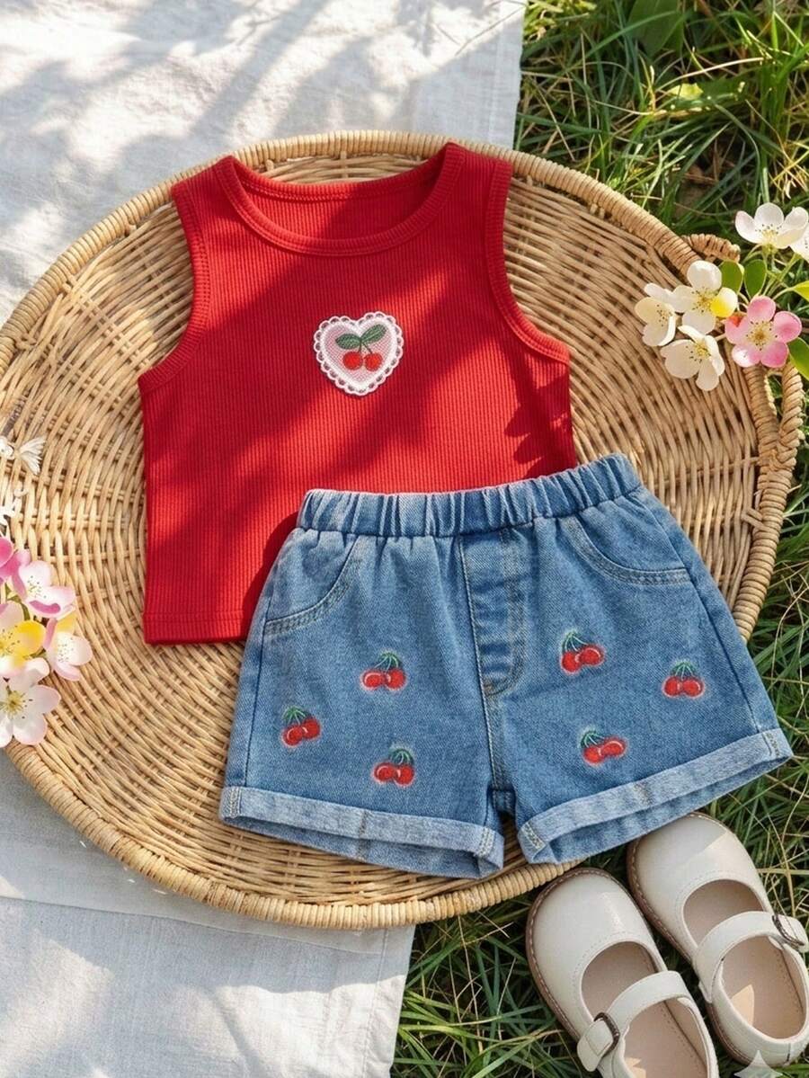 Baby Girl 2-Piece Summer Floral Print Top and Loose Denim Shorts Outfit