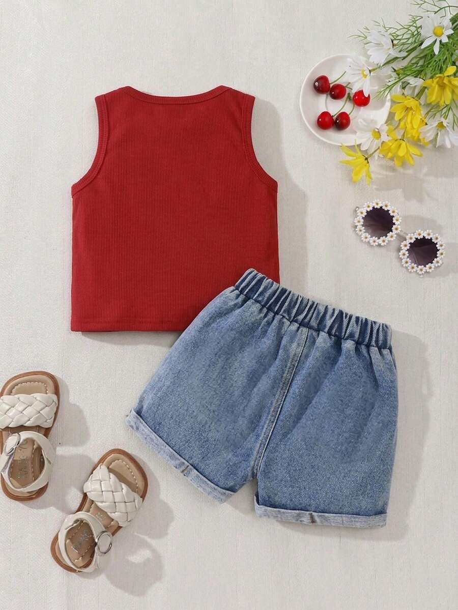Baby Girl 2-Piece Summer Floral Print Top and Loose Denim Shorts Outfit