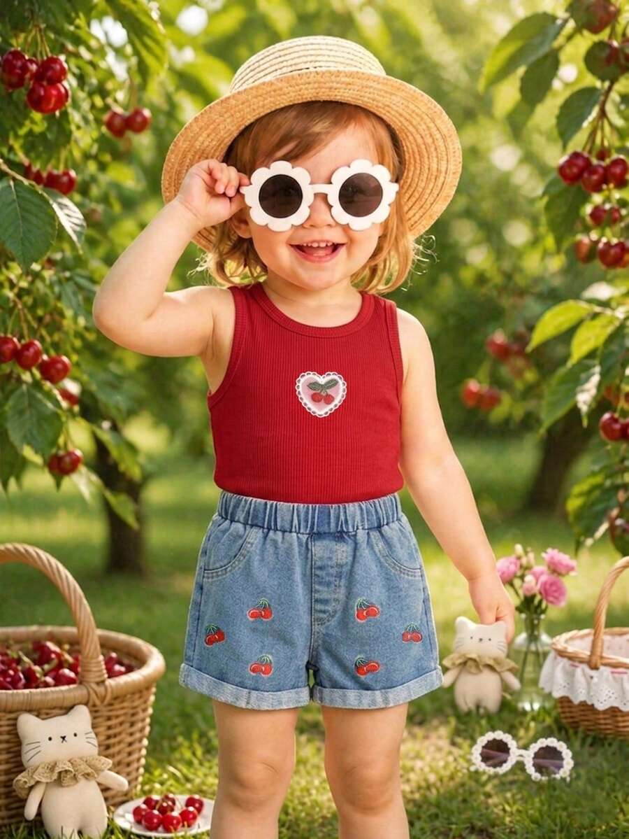 Baby Girl 2-Piece Summer Floral Print Top and Loose Denim Shorts Outfit