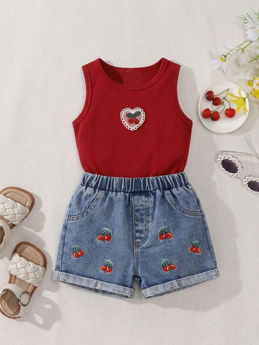 Baby Girl 2-Piece Summer Floral Print Top and Loose Denim Shorts Outfit