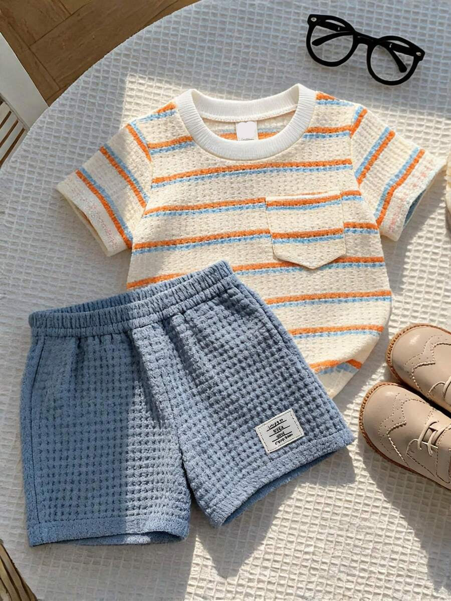 Baby Boy Black and White Striped T Shirt and Denim Shorts 2 Piece Casual Spring Summer Outfit Set
