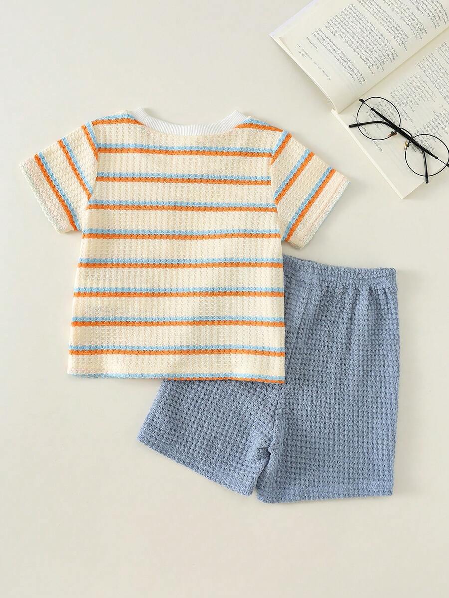 Baby Boy Black and White Striped T Shirt and Denim Shorts 2 Piece Casual Spring Summer Outfit Set