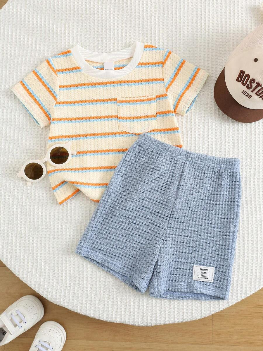 Baby Boy Black and White Striped T Shirt and Denim Shorts 2 Piece Casual Spring Summer Outfit Set