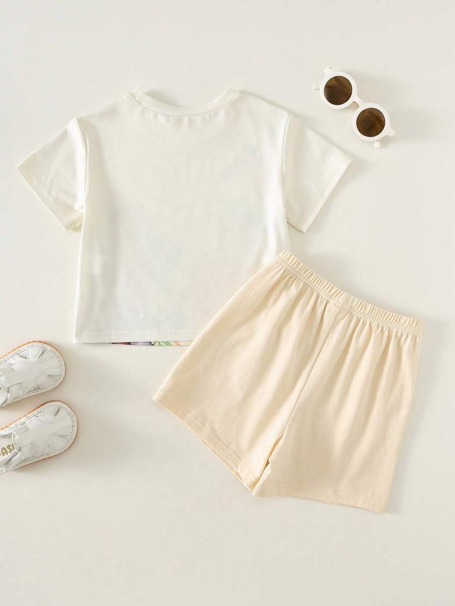 Baby Boy Animal Crayon Print T Shirt and Knitted Shorts 2 Piece Casual Spring Summer Outfit Set