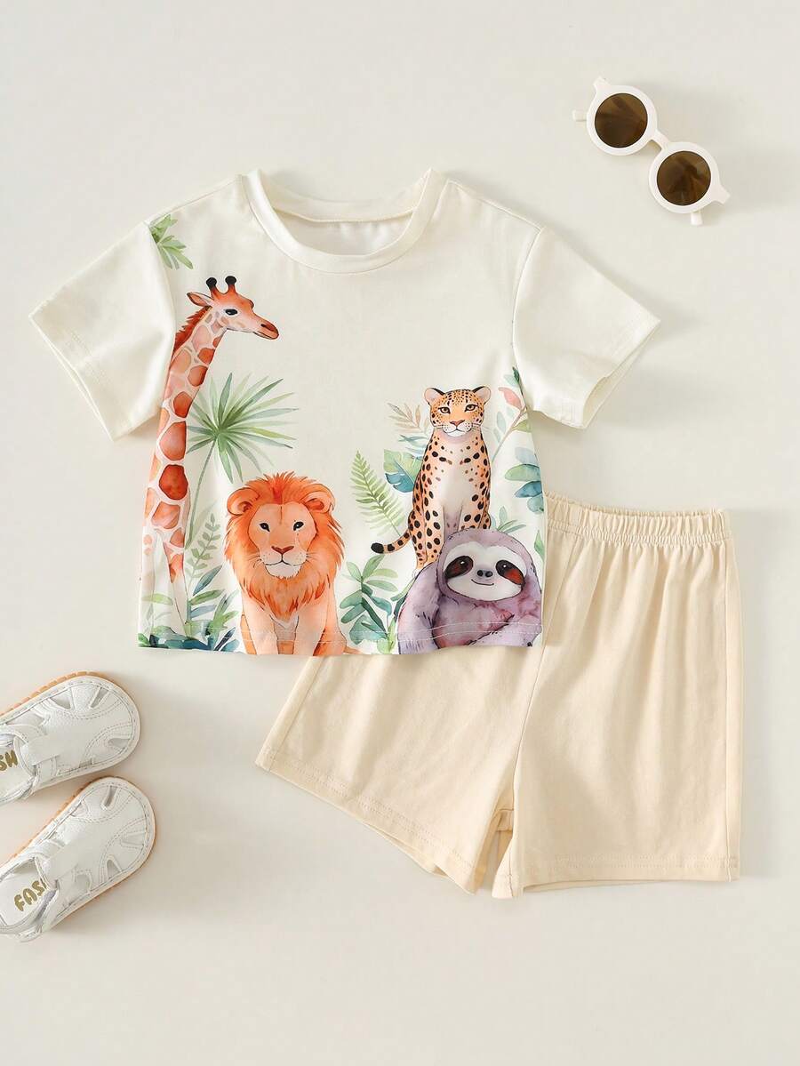 Baby Boy Animal Crayon Print T Shirt and Knitted Shorts 2 Piece Casual Spring Summer Outfit Set