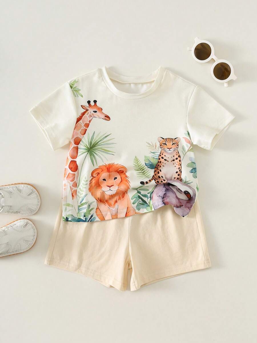 Baby Boy Animal Crayon Print T Shirt and Knitted Shorts 2 Piece Casual Spring Summer Outfit Set