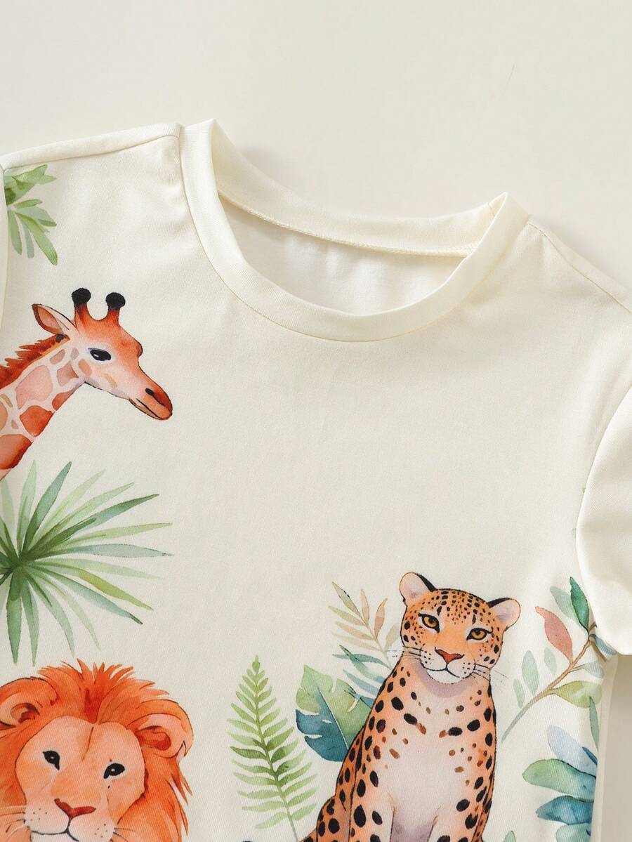 Baby Boy Animal Crayon Print T Shirt and Knitted Shorts 2 Piece Casual Spring Summer Outfit Set