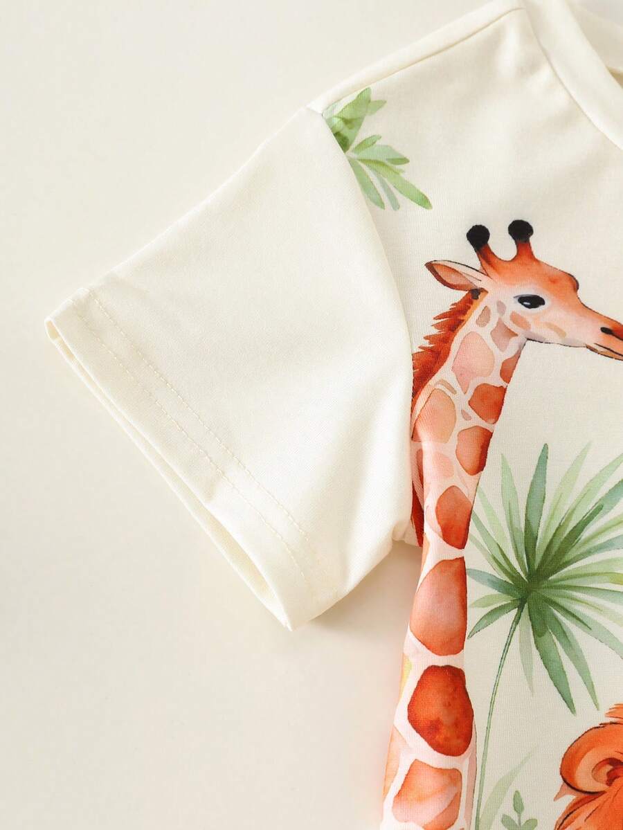 Baby Boy Animal Crayon Print T Shirt and Knitted Shorts 2 Piece Casual Spring Summer Outfit Set