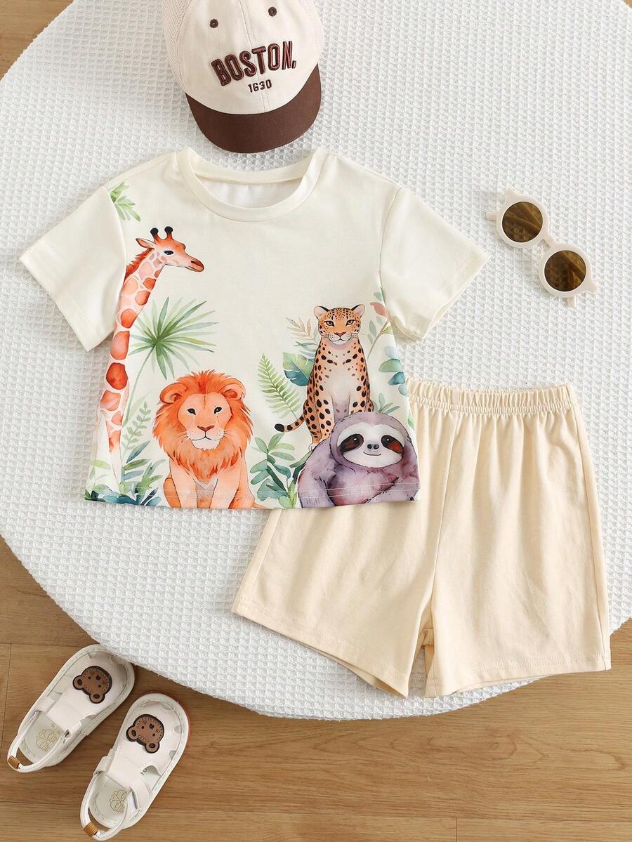 Baby Boy Animal Crayon Print T Shirt and Knitted Shorts 2 Piece Casual Spring Summer Outfit Set