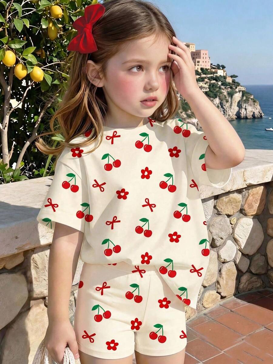 Lemon Fruit & Letter Print Short Sleeve Top and Shorts Set for Baby Girls
