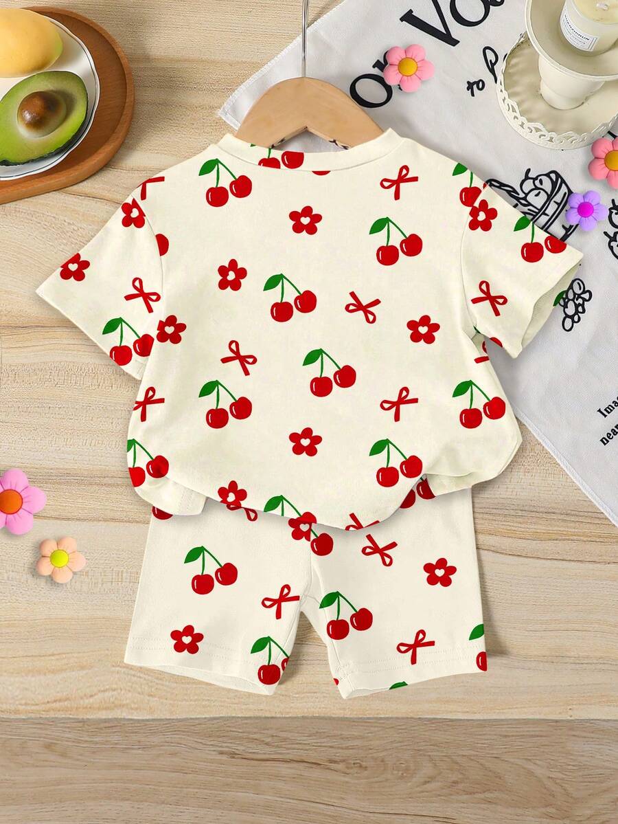 Lemon Fruit & Letter Print Short Sleeve Top and Shorts Set for Baby Girls