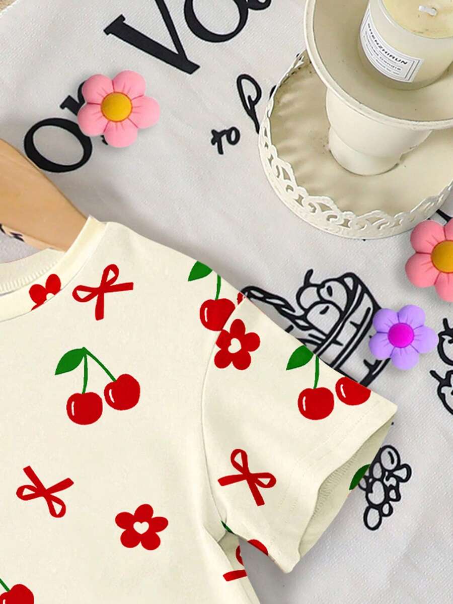 Lemon Fruit & Letter Print Short Sleeve Top and Shorts Set for Baby Girls