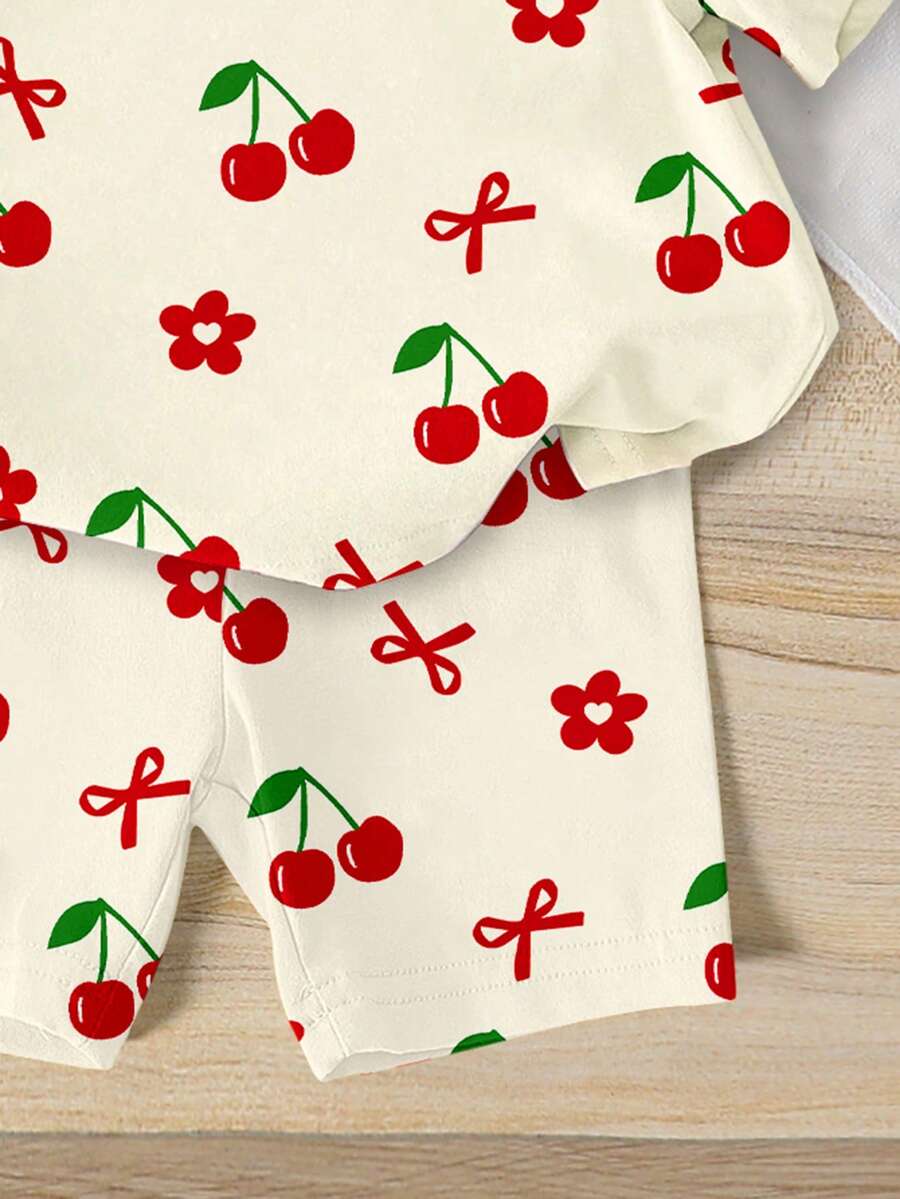Lemon Fruit & Letter Print Short Sleeve Top and Shorts Set for Baby Girls