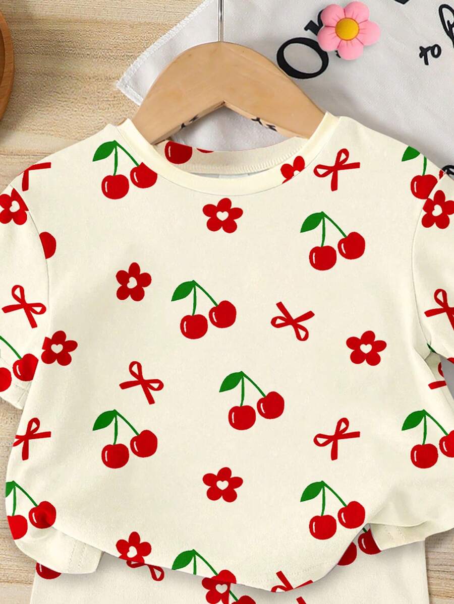 Lemon Fruit & Letter Print Short Sleeve Top and Shorts Set for Baby Girls