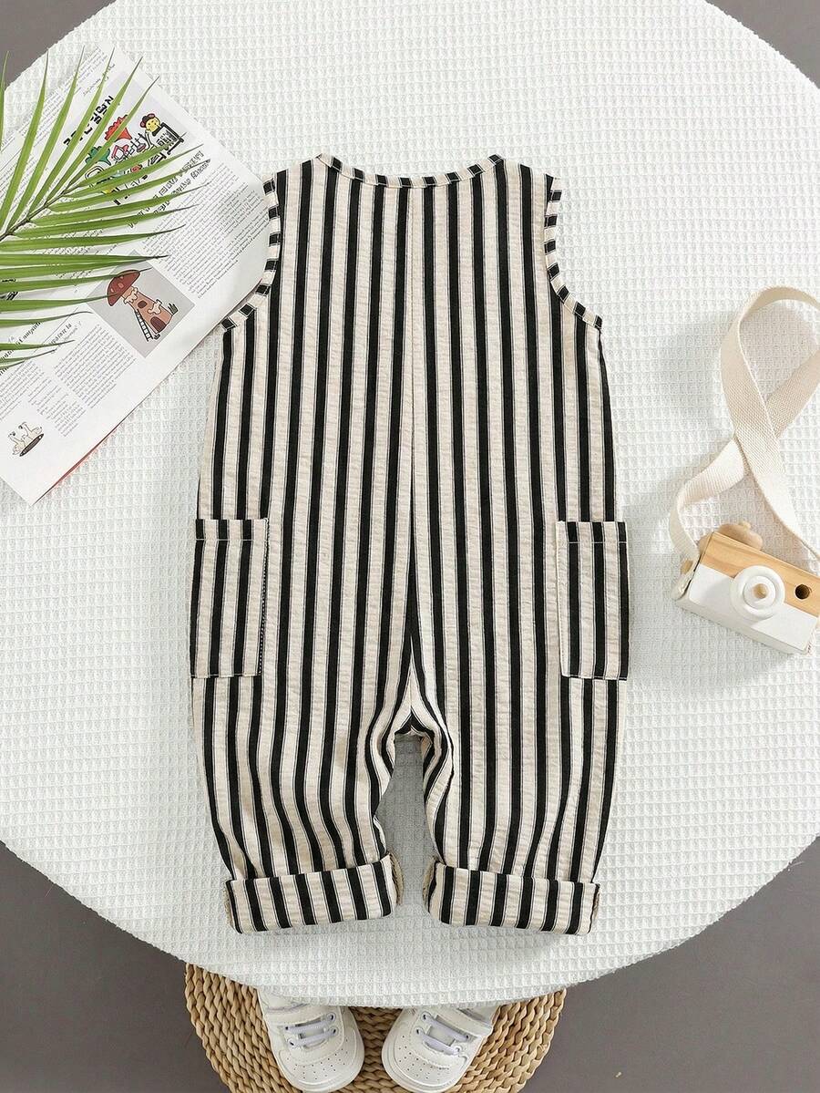 Unisex Newborn Baby Apricot Striped Sleeveless Romper Casual Spring Summer Vacation Outfit
