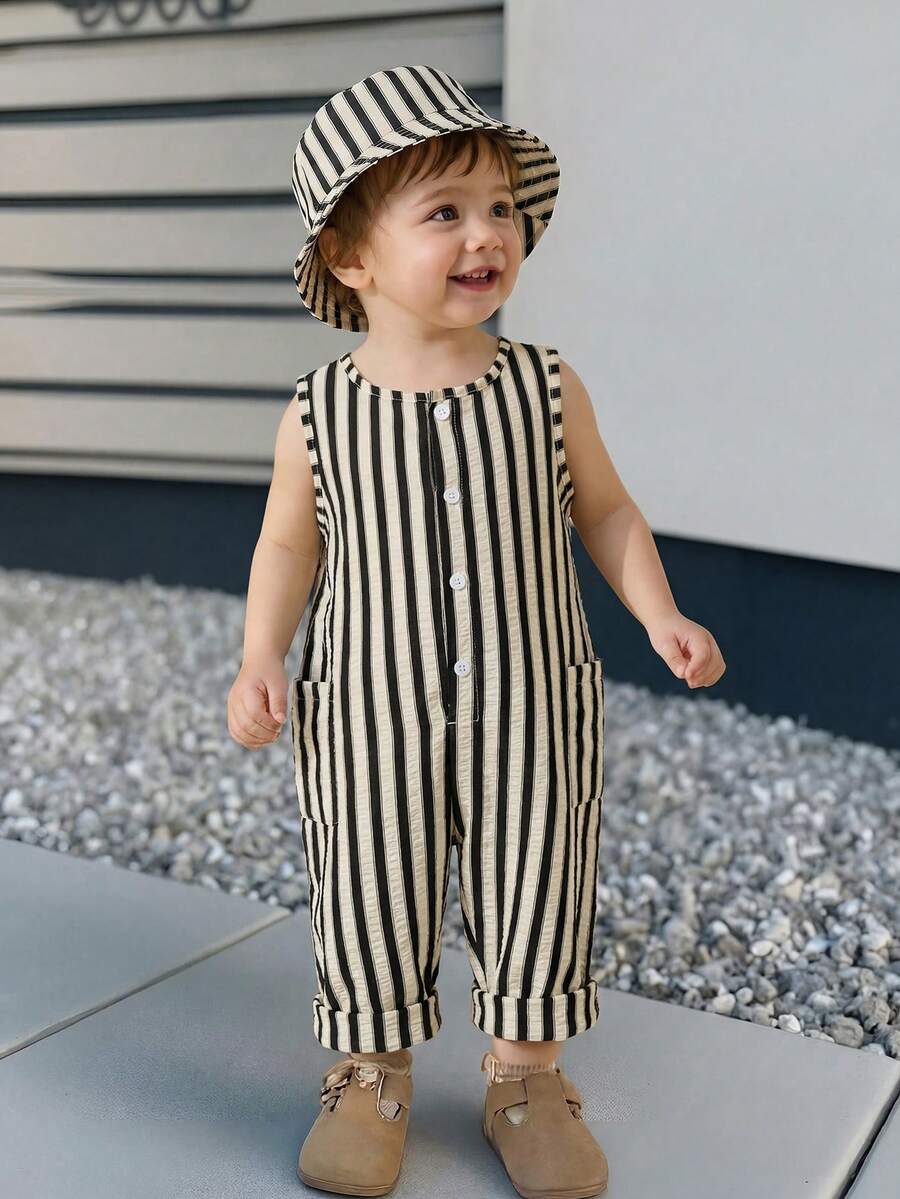 Unisex Newborn Baby Apricot Striped Sleeveless Romper Casual Spring Summer Vacation Outfit