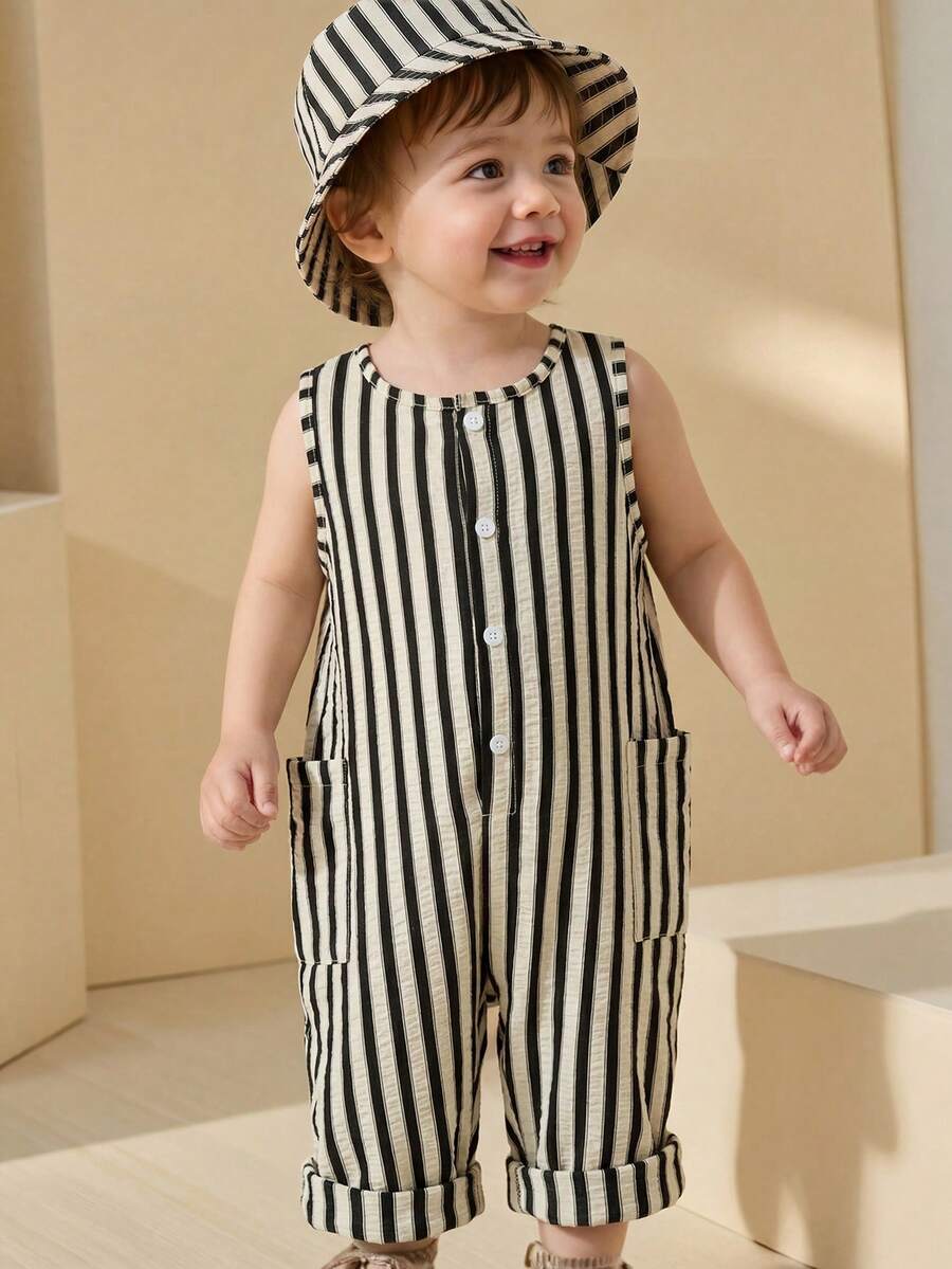 Unisex Newborn Baby Apricot Striped Sleeveless Romper Casual Spring Summer Vacation Outfit