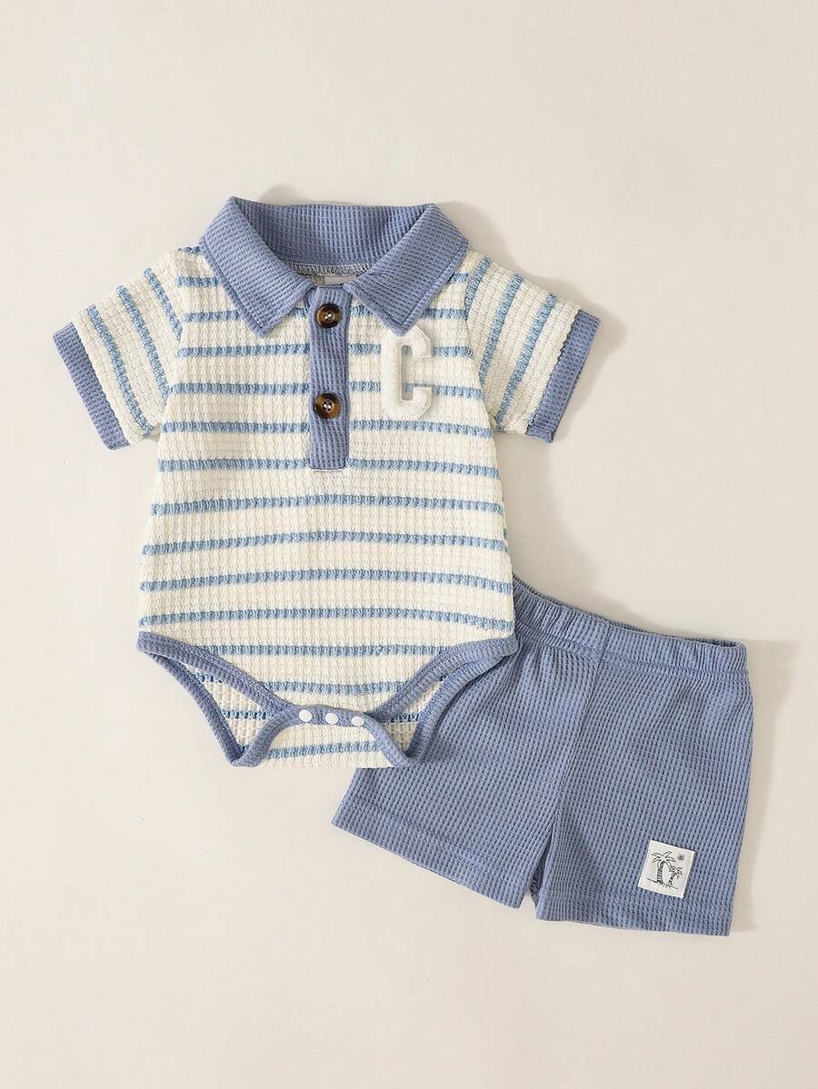 Baby Boys Colorblock Polo Collar Bodysuit and Shorts Set for Casual Summer Wear