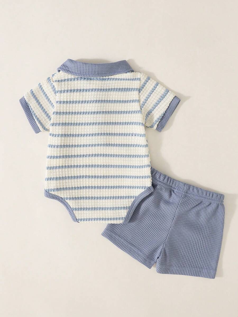 Baby Boys Colorblock Polo Collar Bodysuit and Shorts Set for Casual Summer Wear