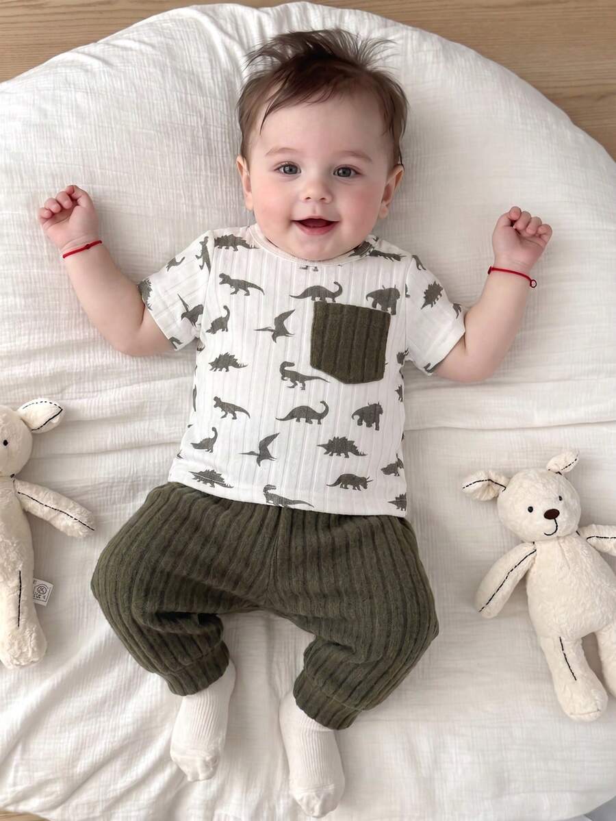 2PCS Baby Boy Dinosaur Print Top and Green Pants Set for Cute Casual Daily Wear