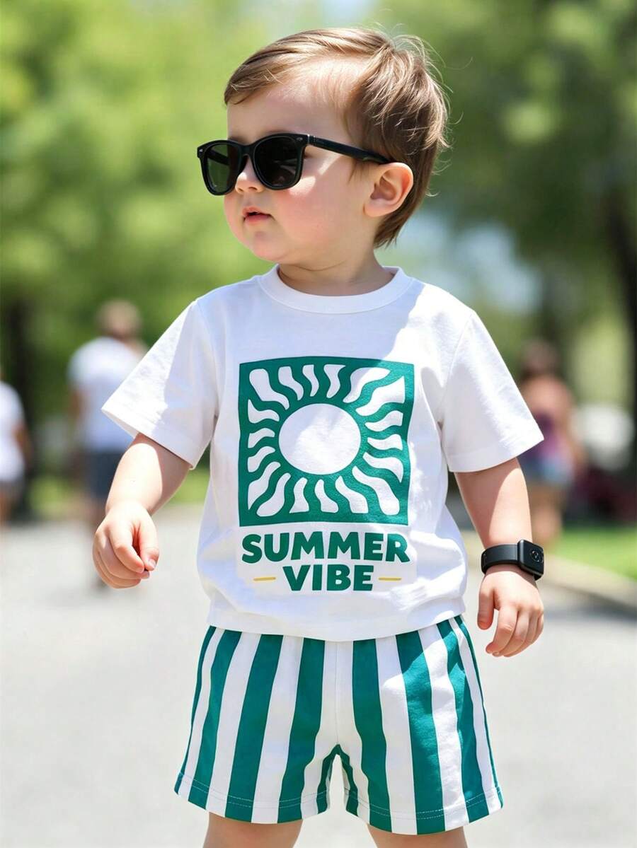 Baby Boy Gradient Print Knit T Shirt and Shorts 2 Piece Casual Spring Summer Outfit Set