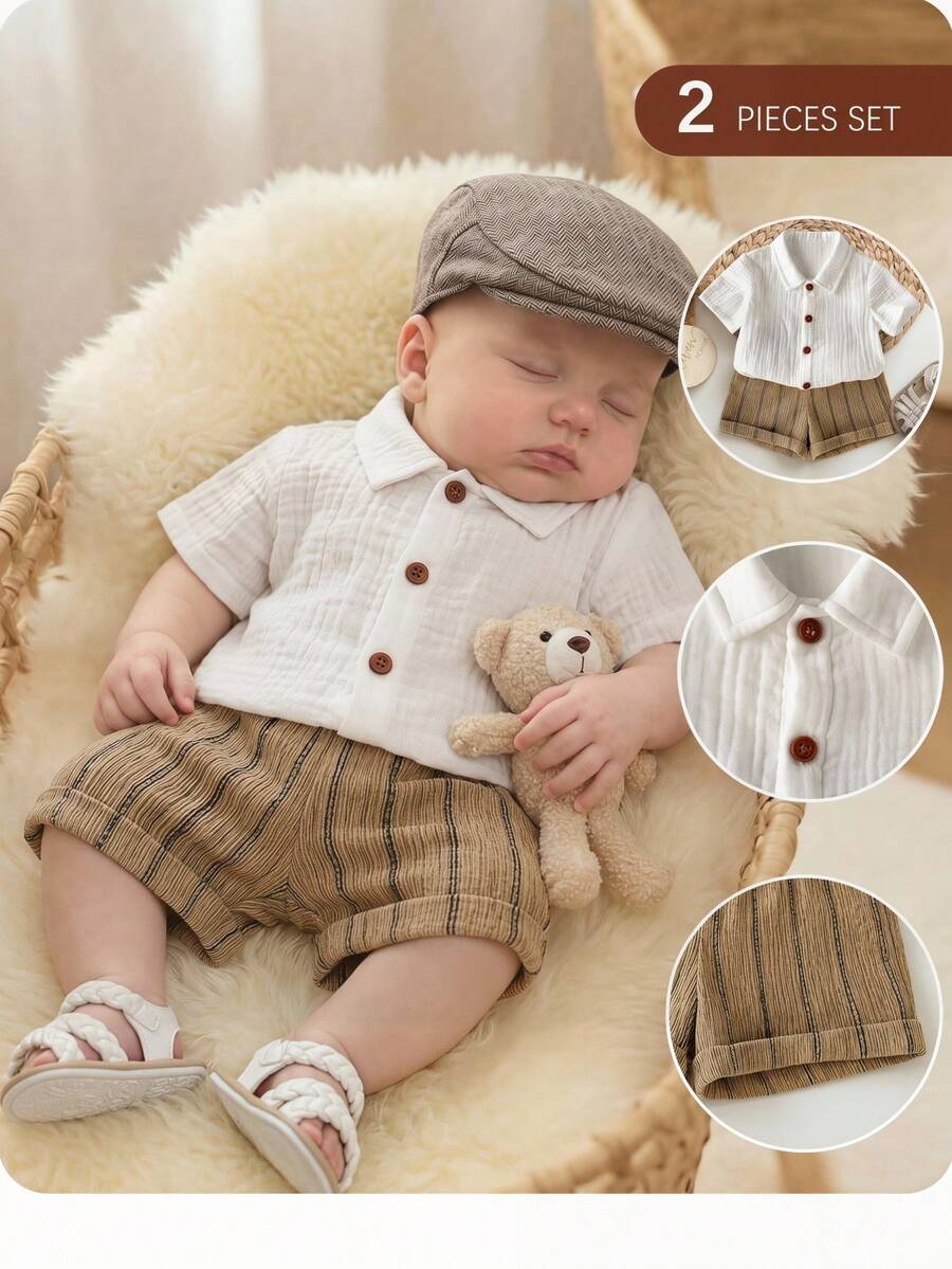 Baby Boy 2pcs Knit Jacquard Summer Set - Short Sleeve Shirt & Elastic Shorts