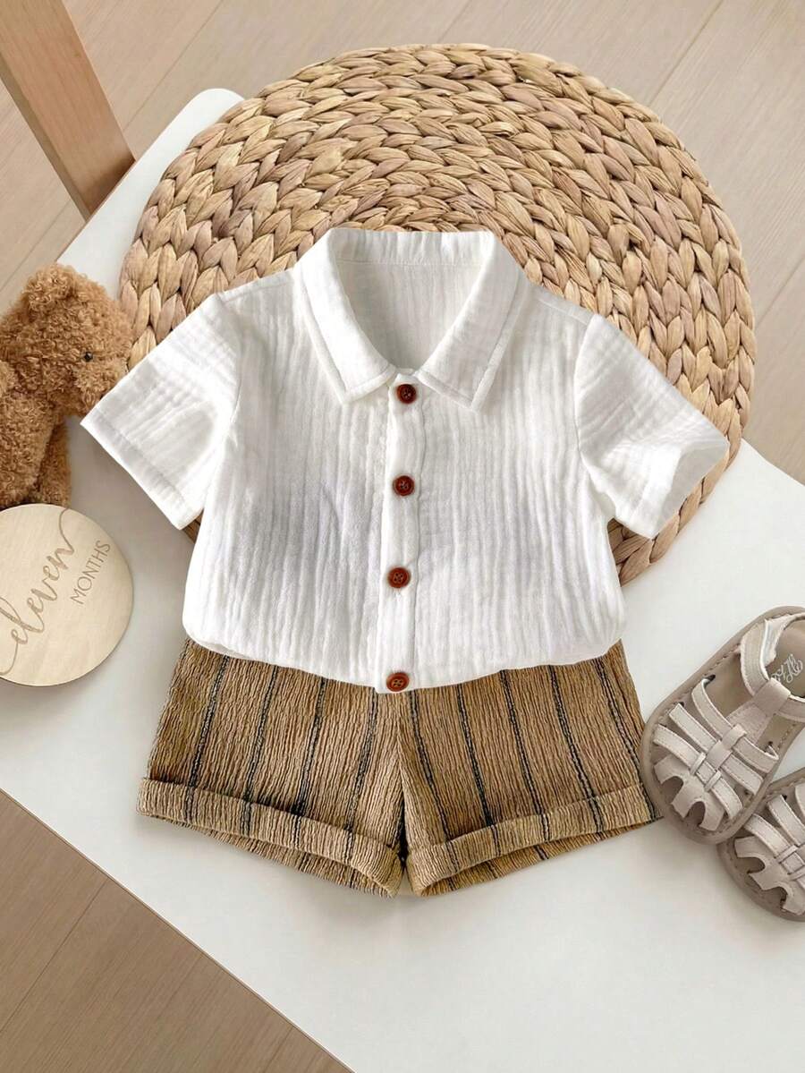 Baby Boy 2pcs Knit Jacquard Summer Set - Short Sleeve Shirt & Elastic Shorts