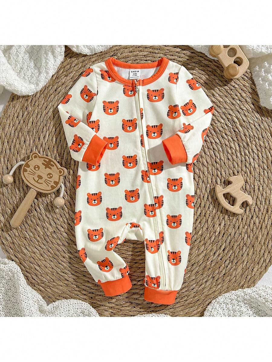 Cute Cartoon Bear Print Baby Zipper Romper for Newborn Boys and Girls