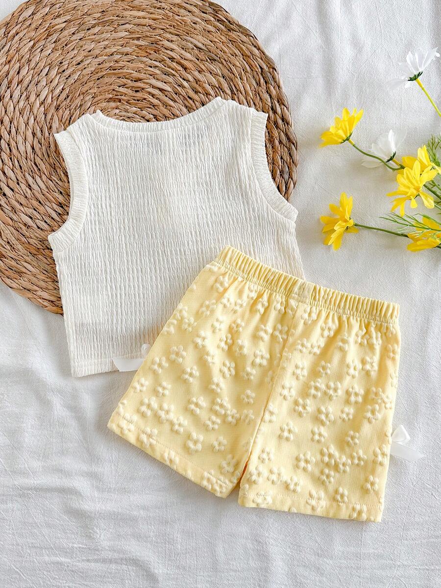 Baby Girl 2pcs Summer Blue Textured Top & Plaid Shorts Outfit