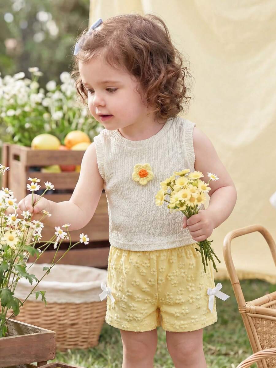 Baby Girl 2pcs Summer Blue Textured Top & Plaid Shorts Outfit