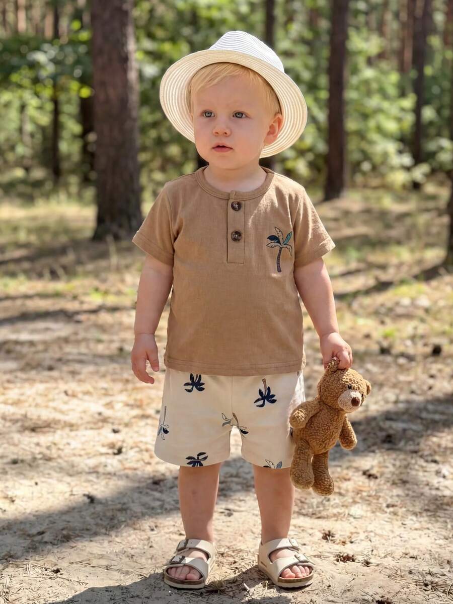 2PCS Baby Boy Coconut Tree Top and Dinosaur Shorts Set for Cute Summer Daily Wear