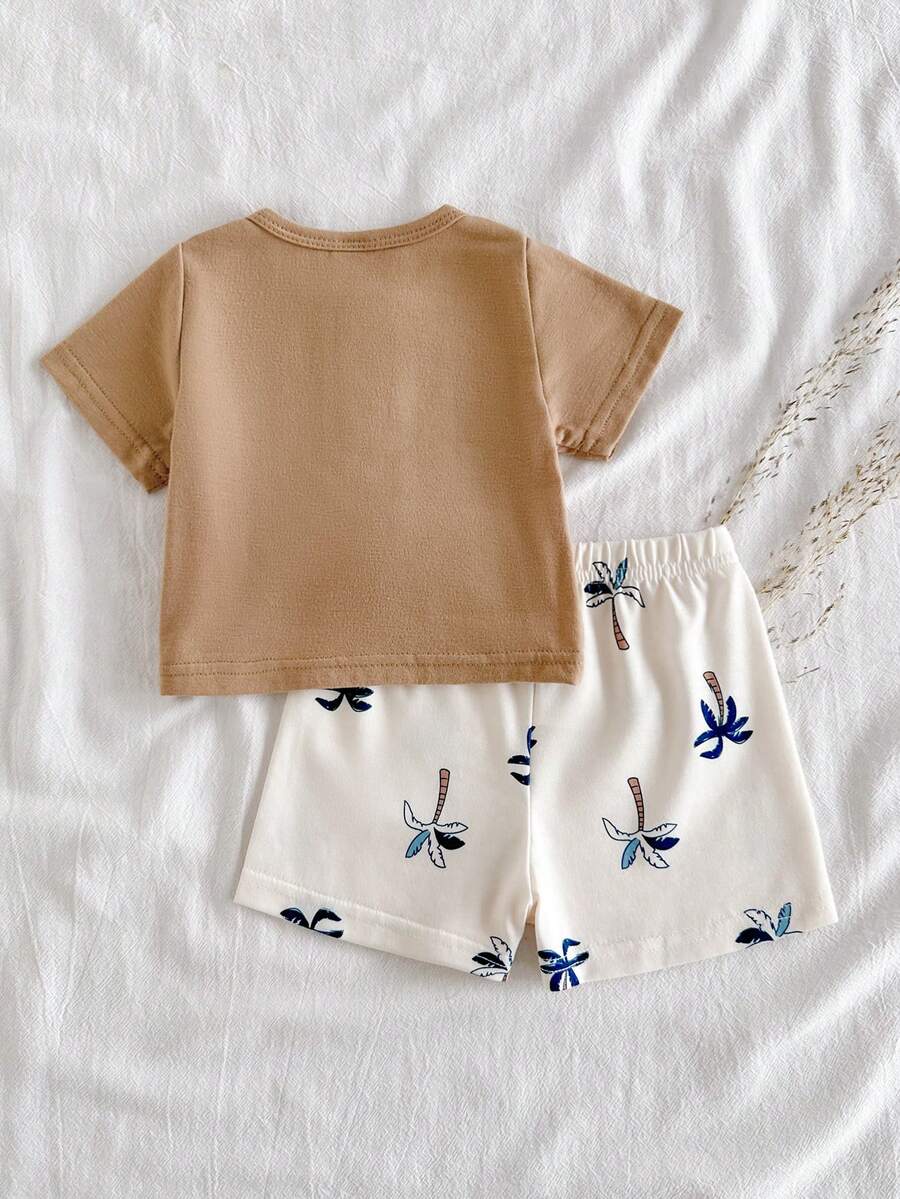 2PCS Baby Boy Coconut Tree Top and Dinosaur Shorts Set for Cute Summer Daily Wear