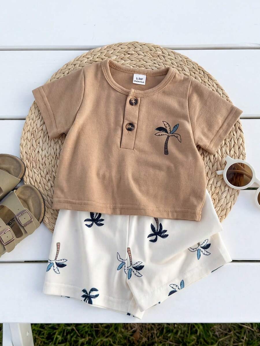 2PCS Baby Boy Coconut Tree Top and Dinosaur Shorts Set for Cute Summer Daily Wear