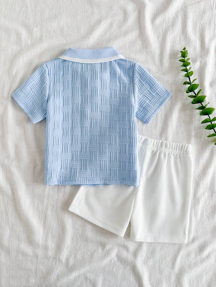 Playful Pals Baby Boy Khaki OOTD: Textured V-Neck and Striped Outfit
