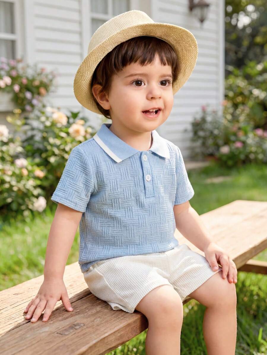 Playful Pals Baby Boy Khaki OOTD: Textured V-Neck and Striped Outfit