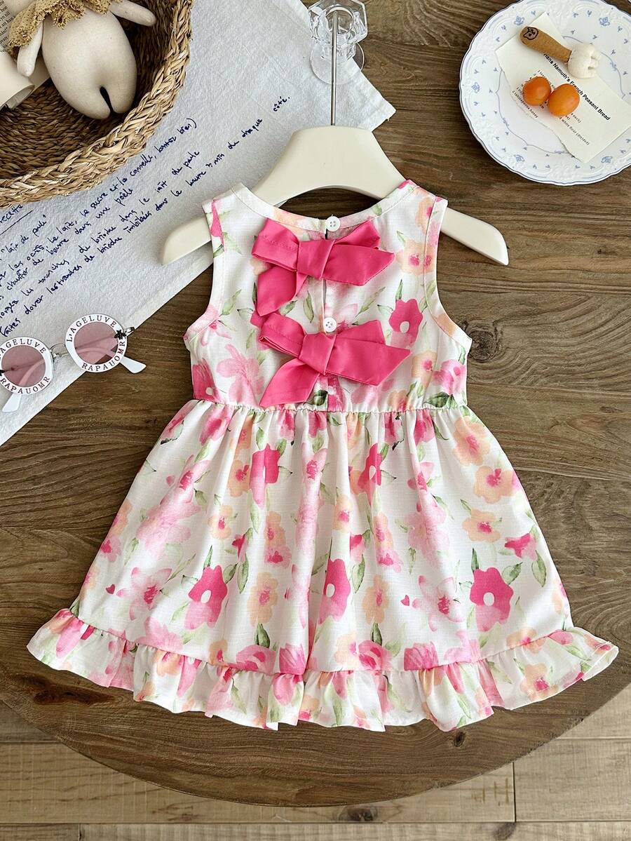 Baby Girl Brown Bowknot Sleeveless Puffy Dress for Casual Fall Outings