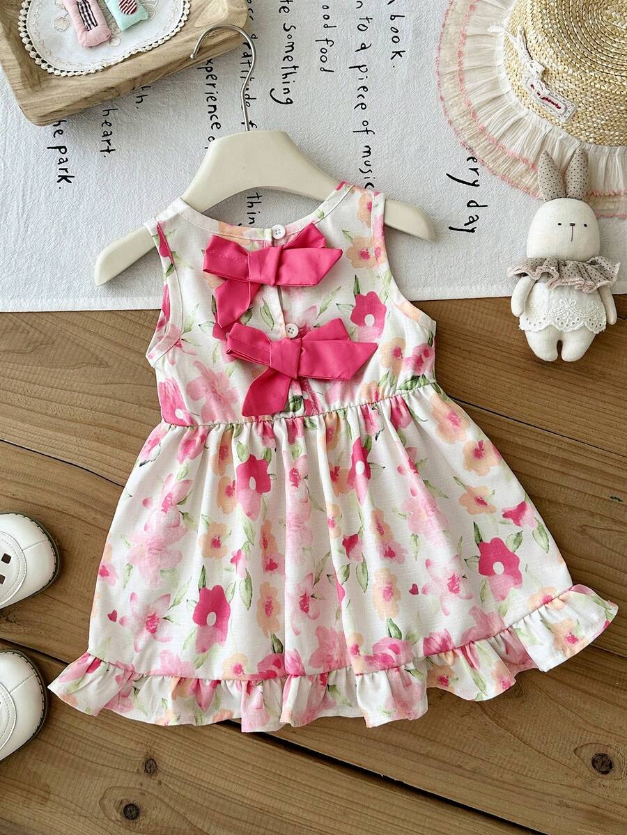 Baby Girl Brown Bowknot Sleeveless Puffy Dress for Casual Fall Outings