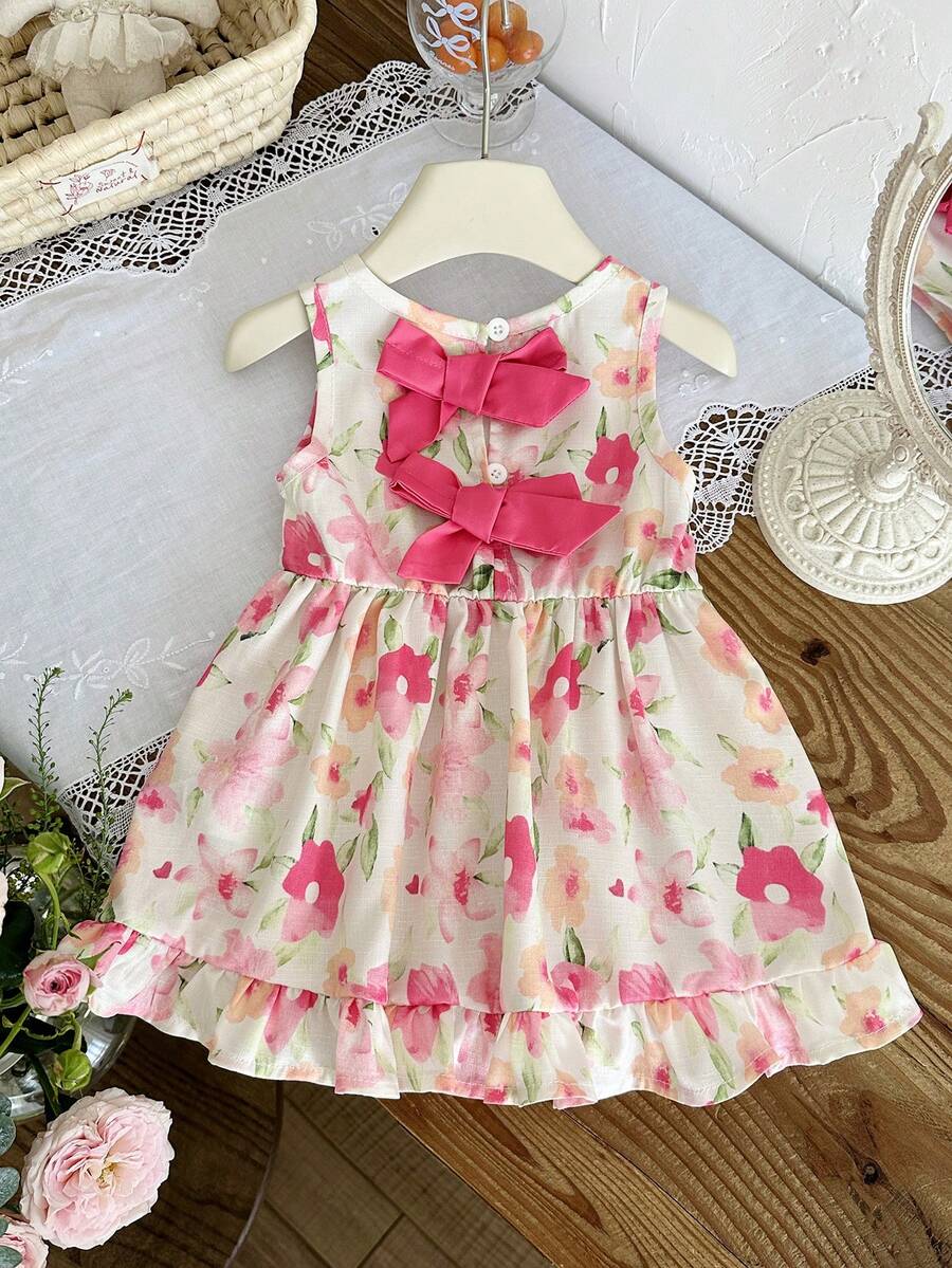 Baby Girl Brown Bowknot Sleeveless Puffy Dress for Casual Fall Outings