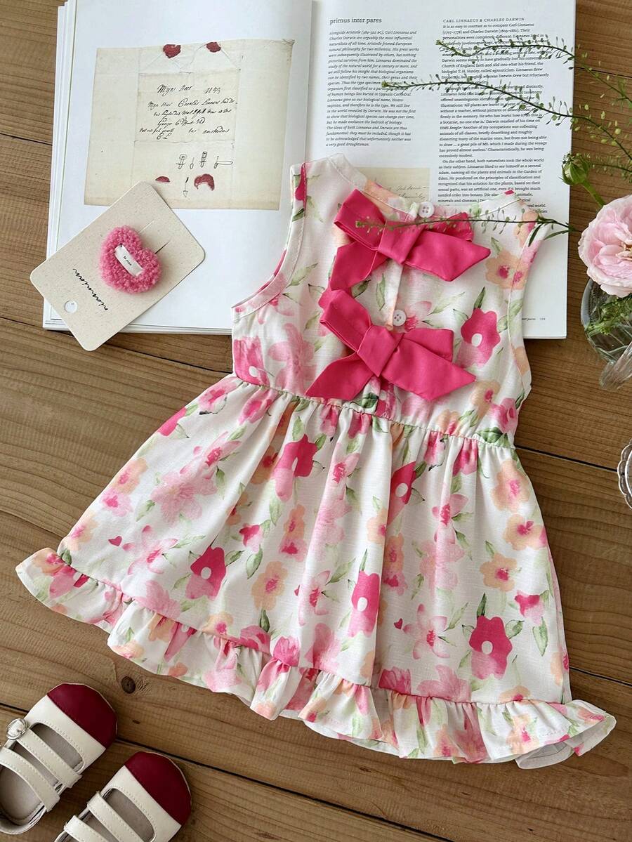 Baby Girl Brown Bowknot Sleeveless Puffy Dress for Casual Fall Outings