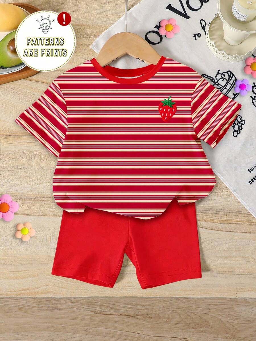 Sweet Strawberry Print T Shirt And Shorts Set For Toddler Girls