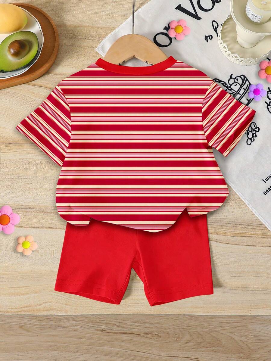 Sweet Strawberry Print T Shirt And Shorts Set For Toddler Girls