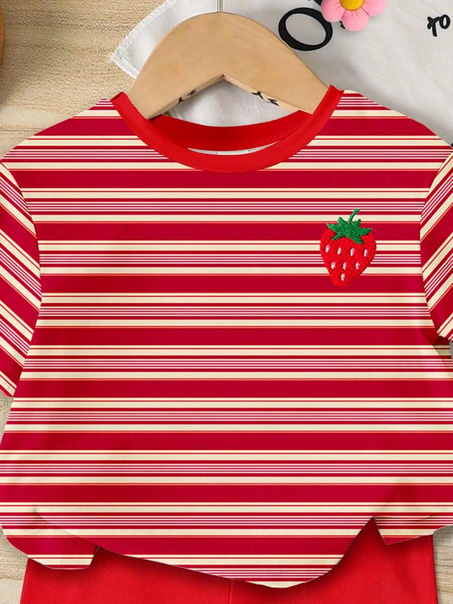 Sweet Strawberry Print T Shirt And Shorts Set For Toddler Girls