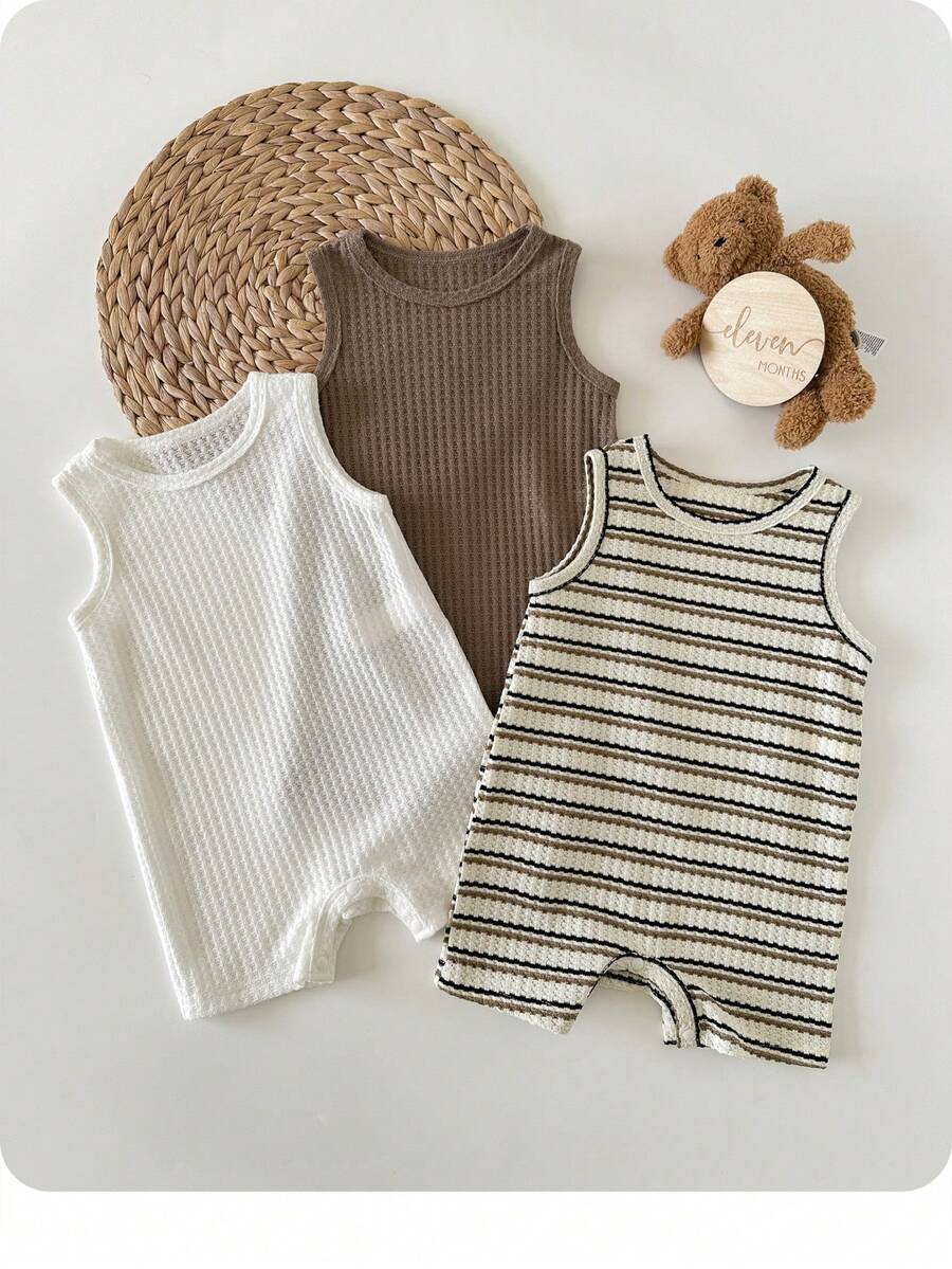 Unisex Baby Solid Color Soft Knit Sleeveless Romper 3 Piece Outfit Set