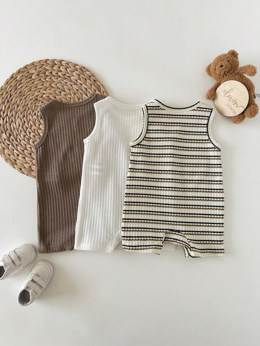 Unisex Baby Solid Color Soft Knit Sleeveless Romper 3 Piece Outfit Set