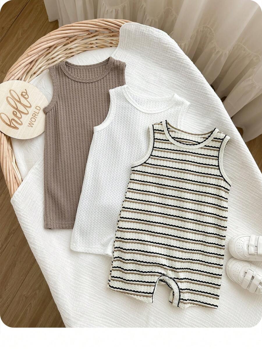 Unisex Baby Solid Color Soft Knit Sleeveless Romper 3 Piece Outfit Set