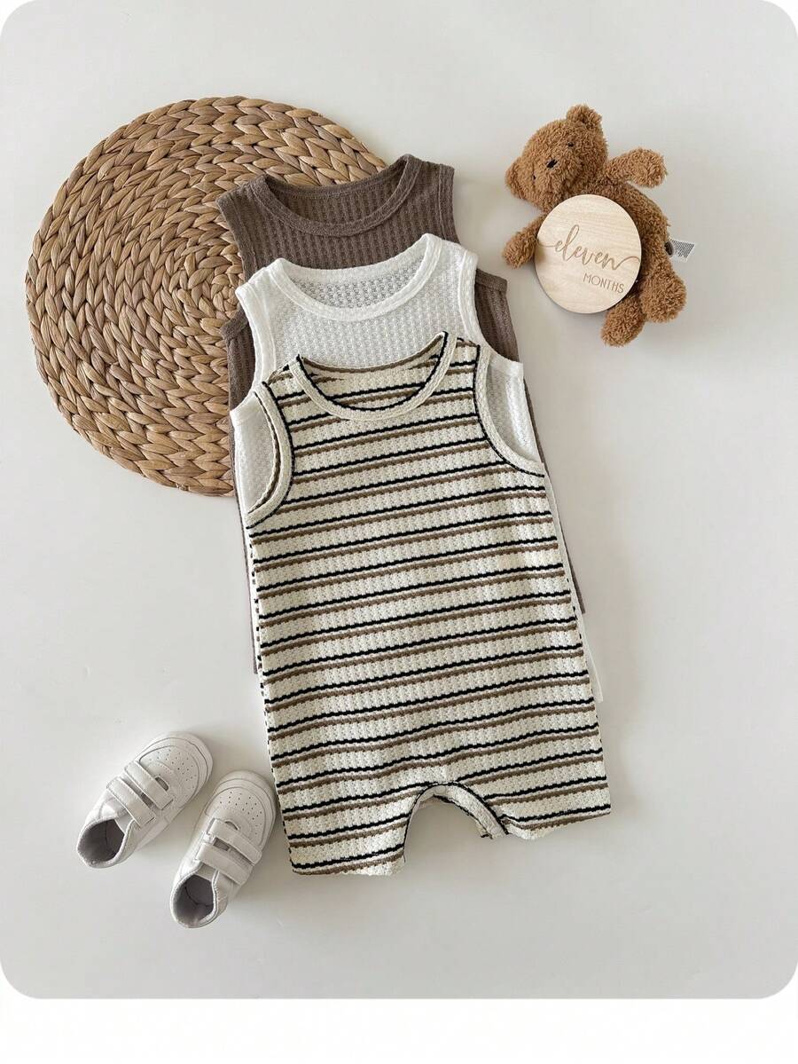 Unisex Baby Solid Color Soft Knit Sleeveless Romper 3 Piece Outfit Set