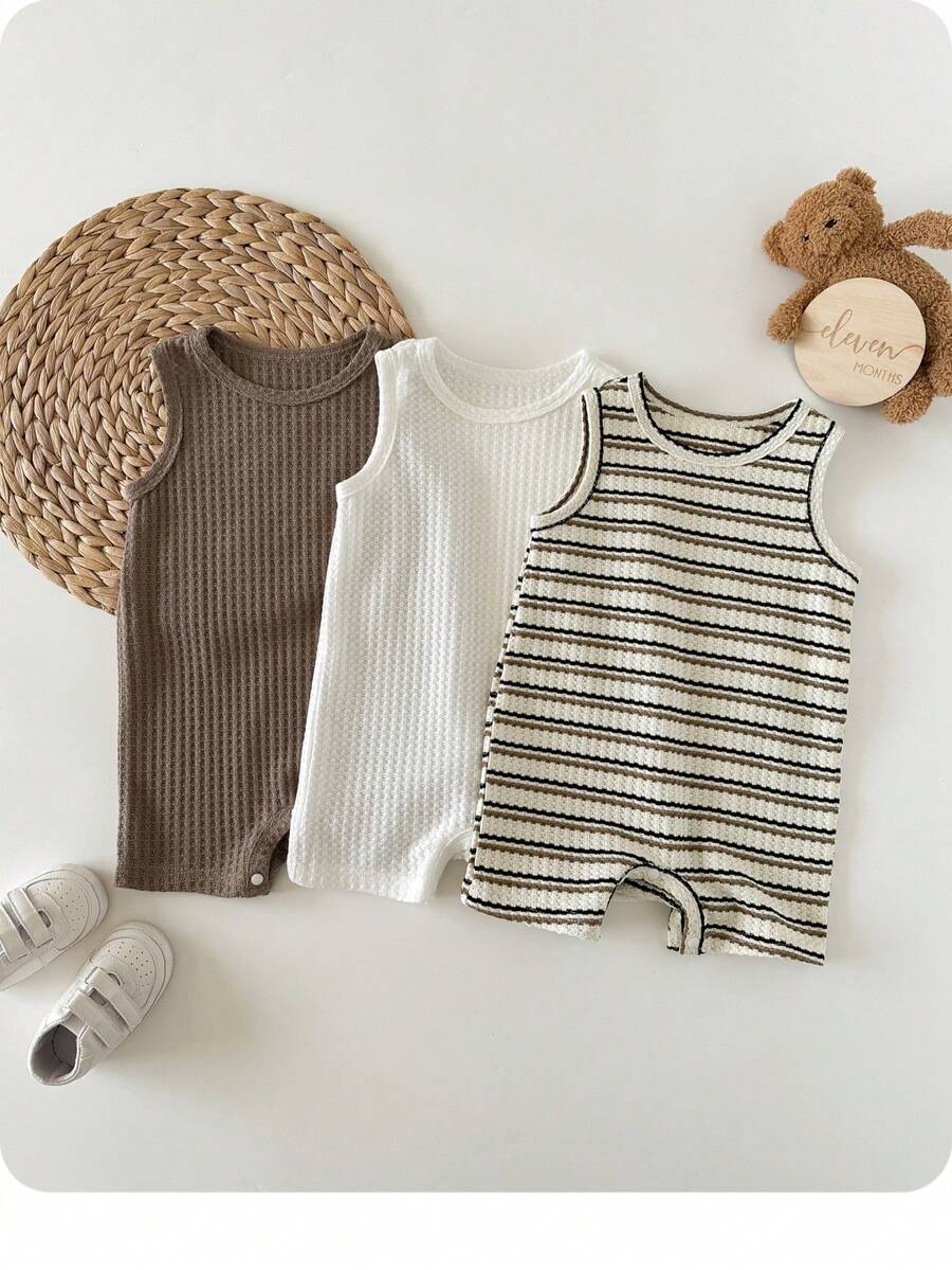 Unisex Baby Solid Color Soft Knit Sleeveless Romper 3 Piece Outfit Set